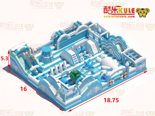 Büyük kaydırmalarla şişme kale atlama evi (Mavi ve Beyaz)