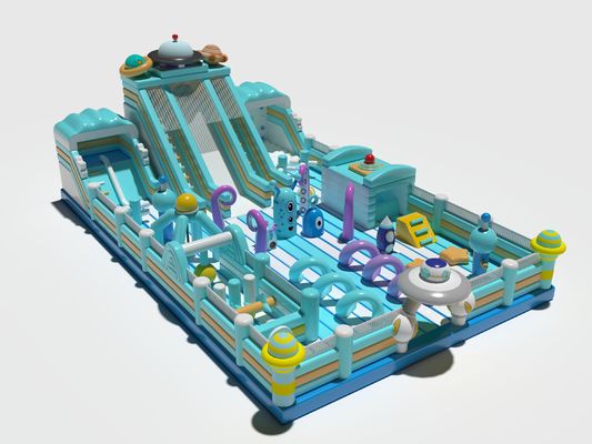 Blue Inflatable Commercial Bouncy Castle Dengan Slide Penghalang