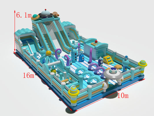 Blue Inflatable Commercial Bouncy Castle Dengan Slide Penghalang