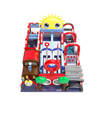 Colorful Playground: Trains, Slides Under a Sunny Sky